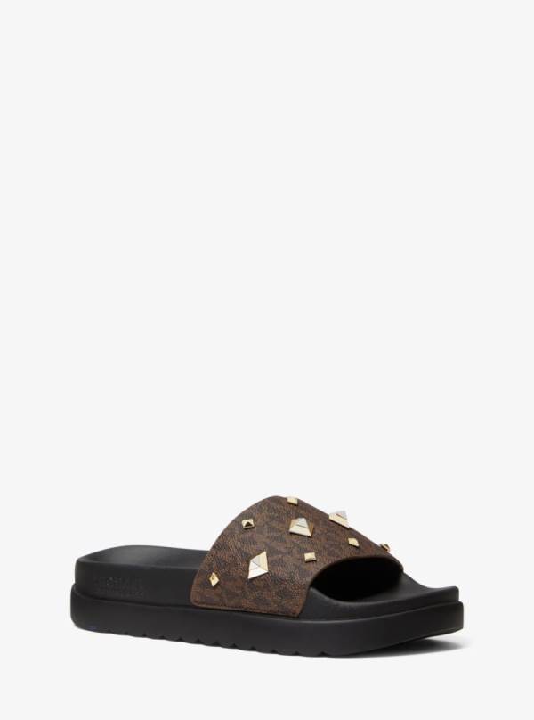 Damske Slapky Michael Kors Tyra Studded Logo Hnede - Topanky Michael Kors Obchod | TBWIH-8019